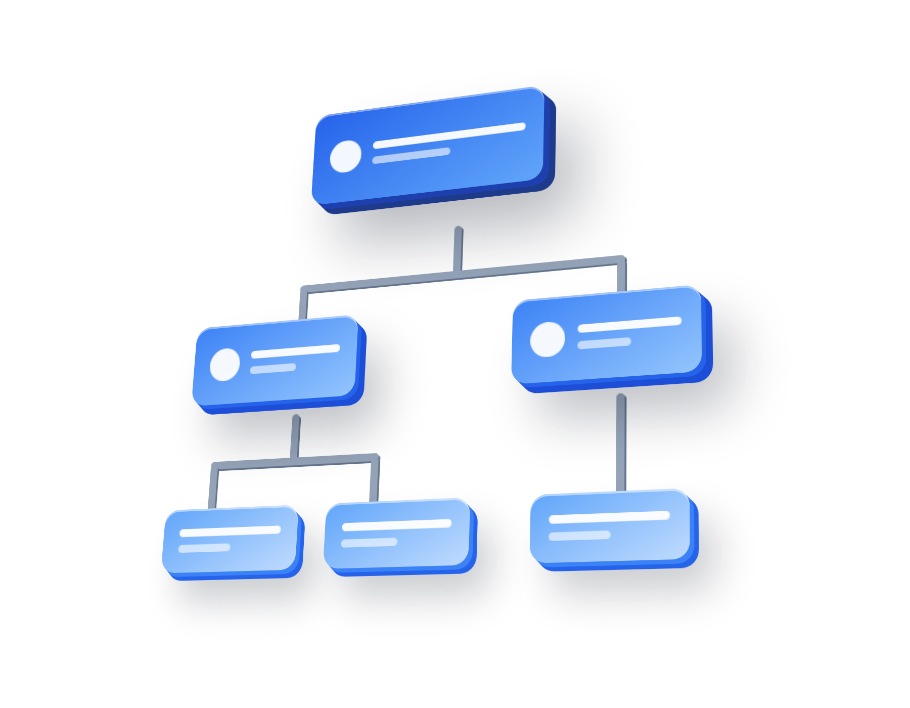 An org chart of six cards in perspective, floating above their connectors